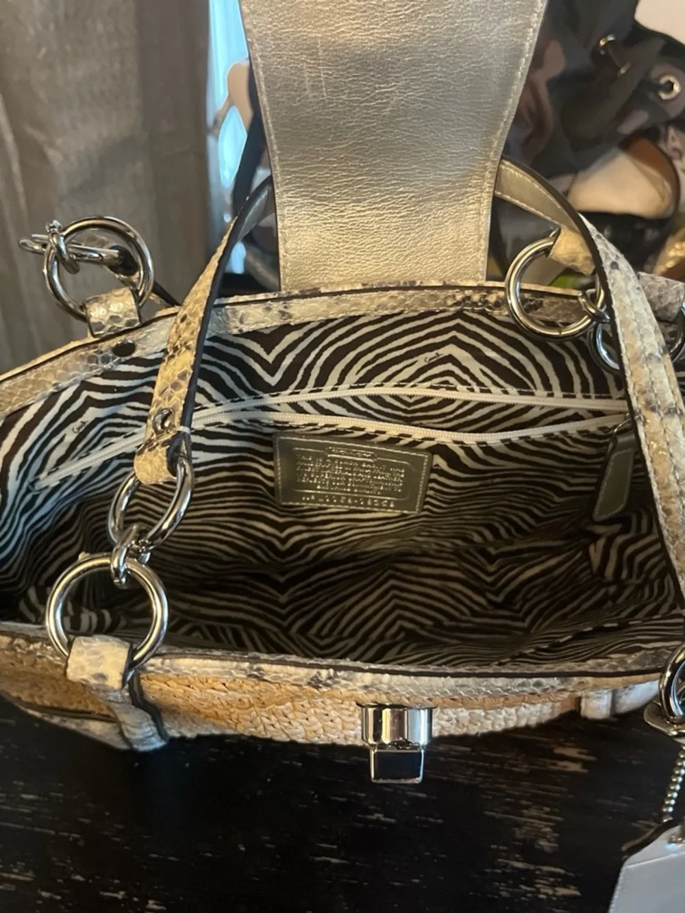 Coach Woven Straw Tote with Snake-Print Trim - Tan & Cream